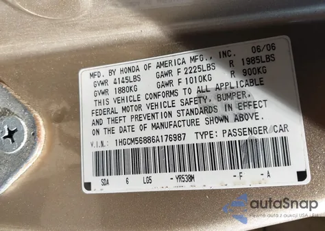 2006 Honda Accord 2.4 Ex from USA, damaged, VIN 1HGCM56886A176987